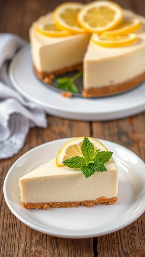 A slice of lemon cheesecake garnished with lemon slices and mint on a plate, with a whole cheesecake in the background.